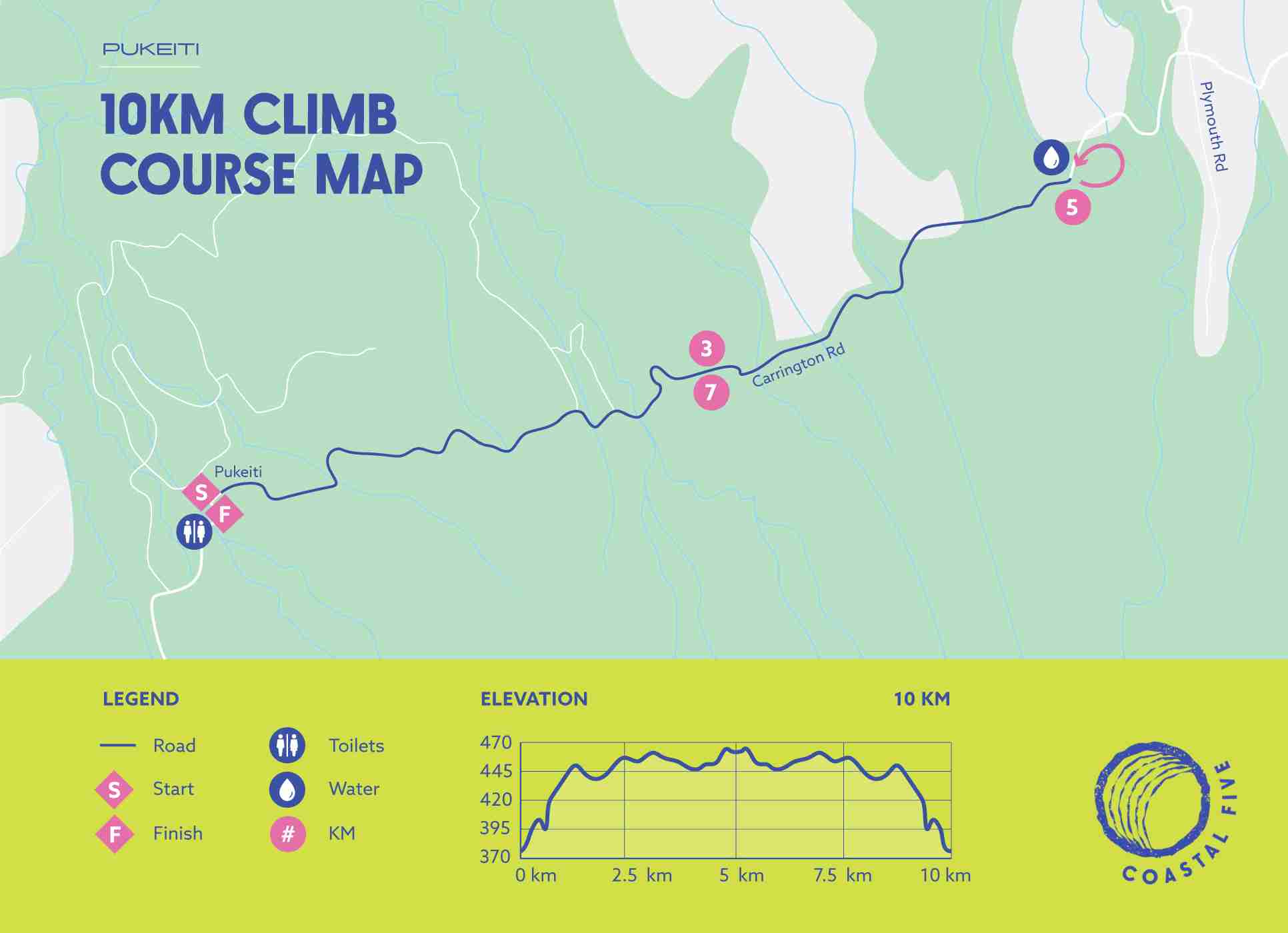 Map of the 10km Pukeiti Climb course showing elevation and trail route on the outskirts of the National Park.