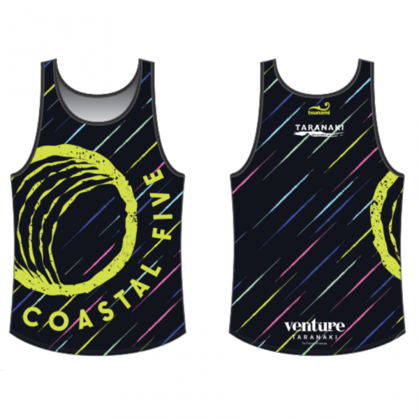 Coastal Five running singlet supplied by Tsunami Sportswear, designed for lightweight comfort and performance.